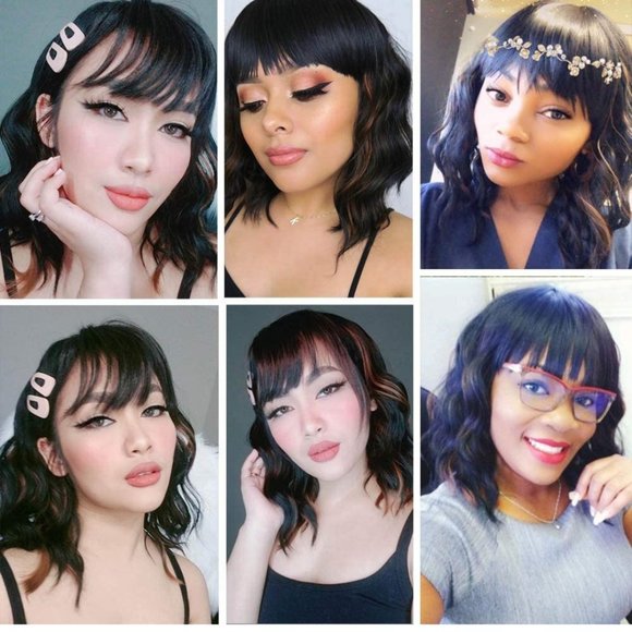 Supper cute Black Synthetic wig with bang Short bodywave